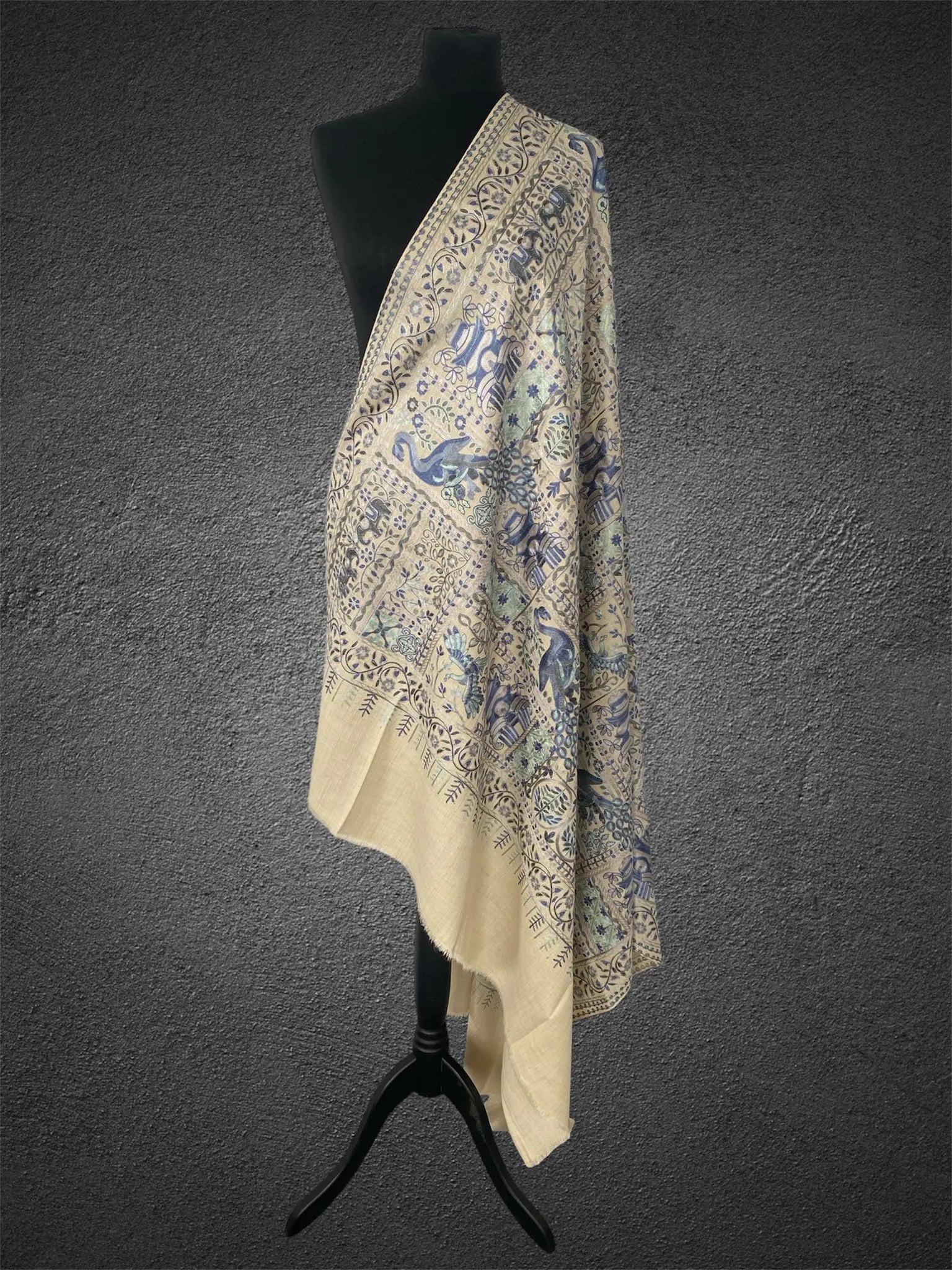Luxury Beige Pashmina Shawl – Royal Peacock & Elephant Silk Thread Embroidery - LoomFable