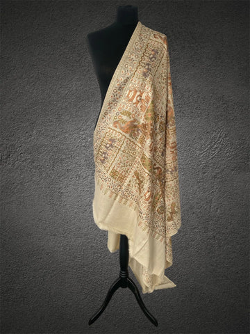 Luxury Beige Pashmina Shawl – Royal Peacock & Elephant Silk Thread Embroidery - LoomFable