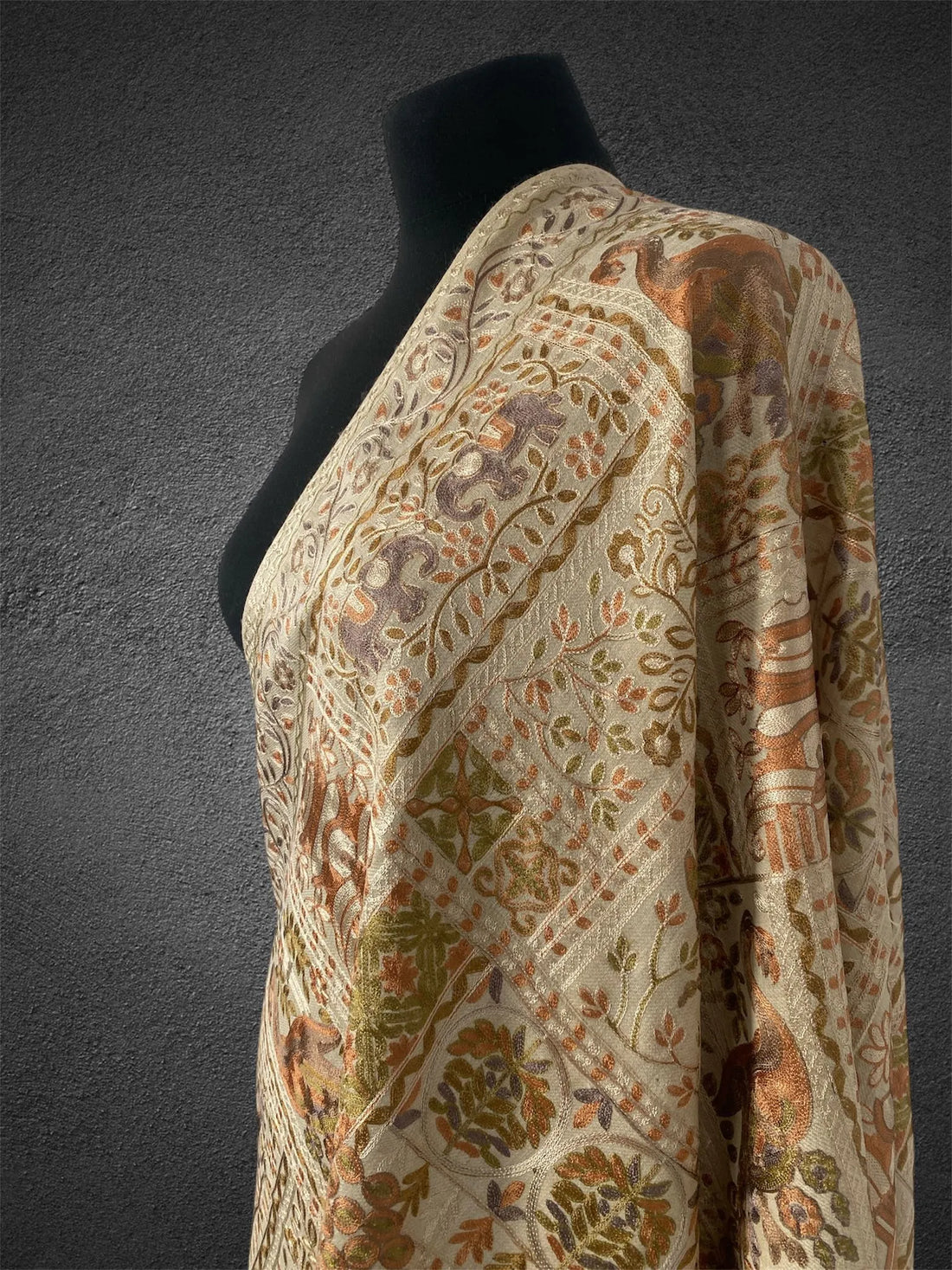 Luxury Beige Pashmina Shawl – Royal Peacock & Elephant Silk Thread Embroidery - LoomFable