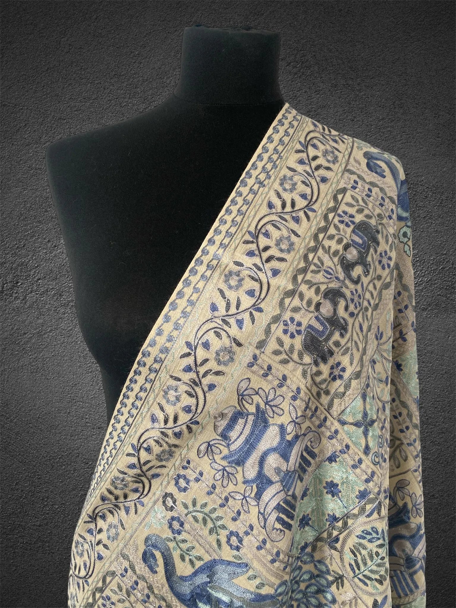 Luxury Beige Pashmina Shawl – Royal Peacock & Elephant Silk Thread Embroidery - LoomFable