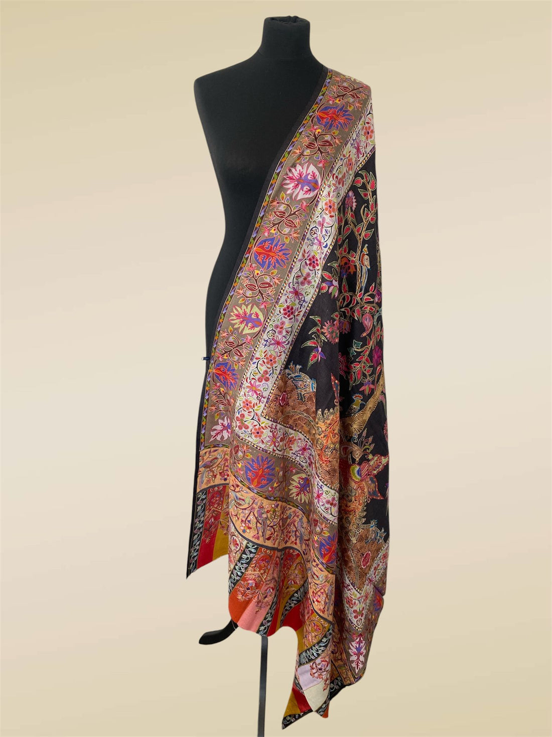 Luxury Tree of Life Kalamkari Toosh Pashmina Shawl | Tila & Silk Outline Embroidery - LoomFable