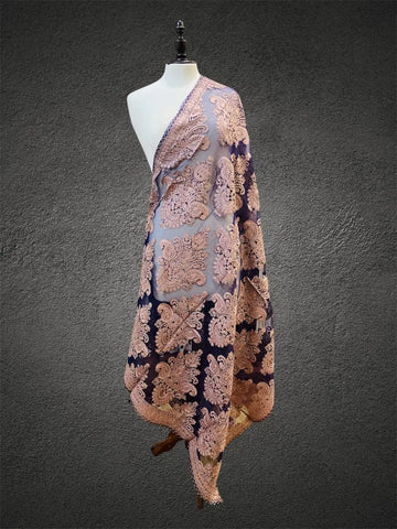 Royal Midnight Navy & Dusty Rose Aari Embroidered Organza Dupatta