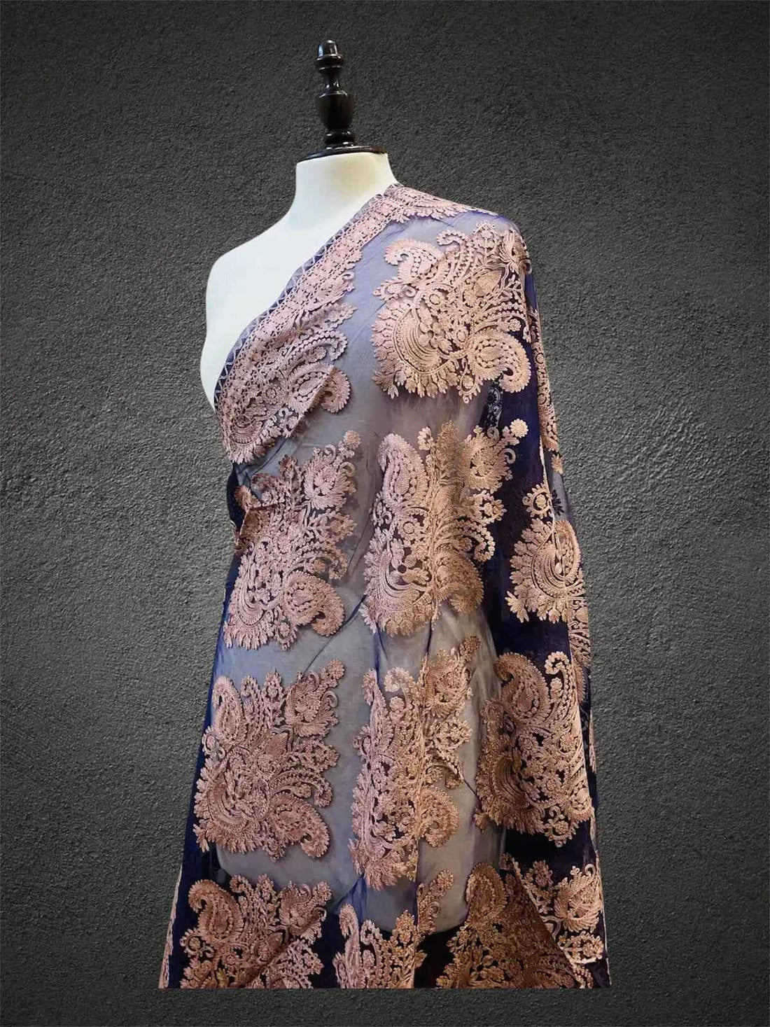 Royal Midnight Navy & Dusty Rose Aari Embroidered Organza Dupatta