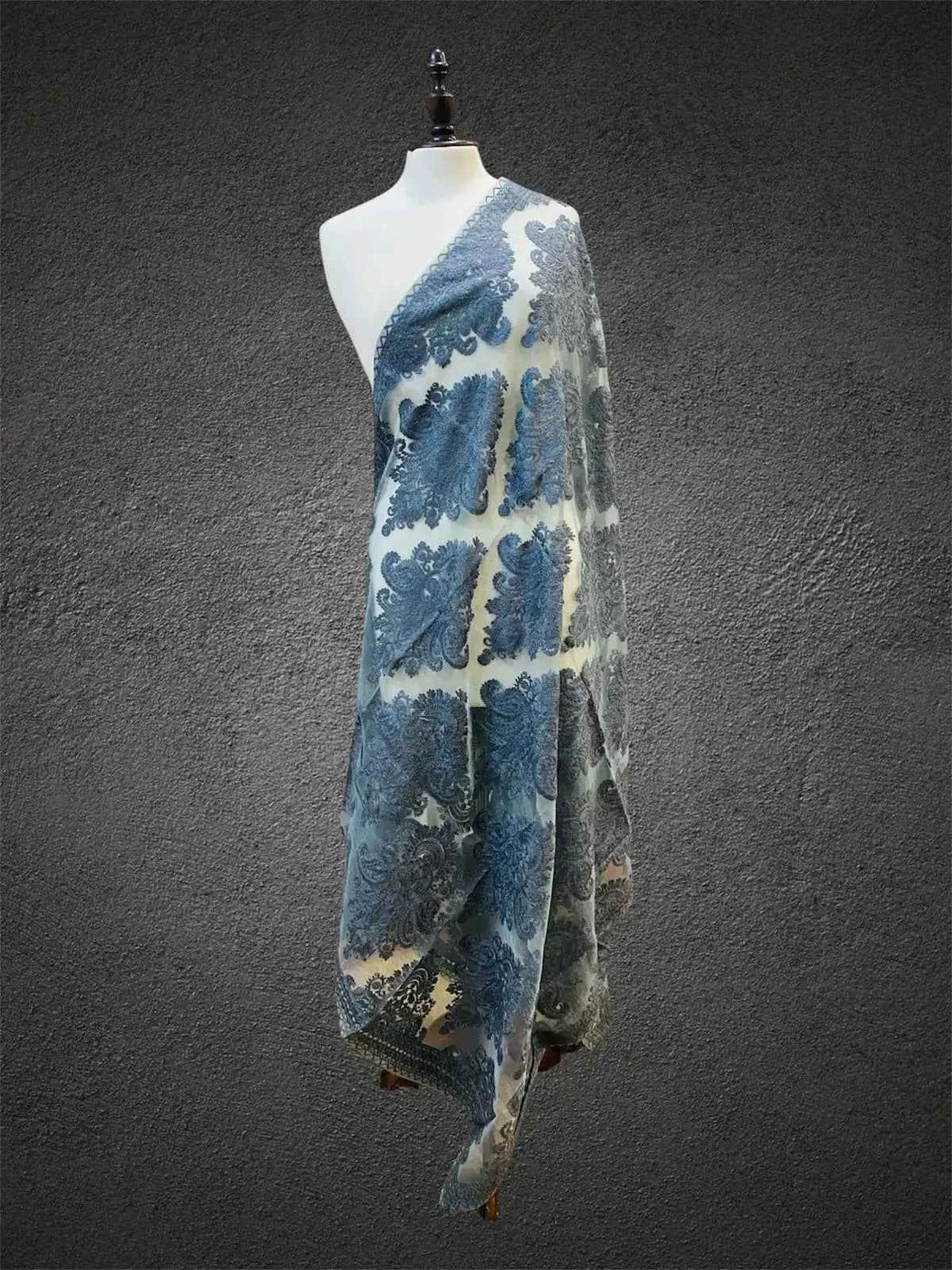 Royal Slate Blue & Ivory White Aari Embroidered Organza Dupatta