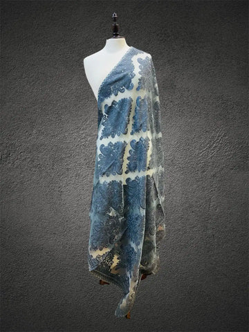 Royal Slate Blue & Ivory White Aari Embroidered Organza Dupatta