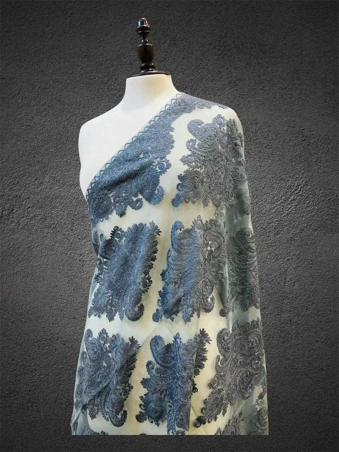 Royal Slate Blue & Ivory White Aari Embroidered Organza Dupatta