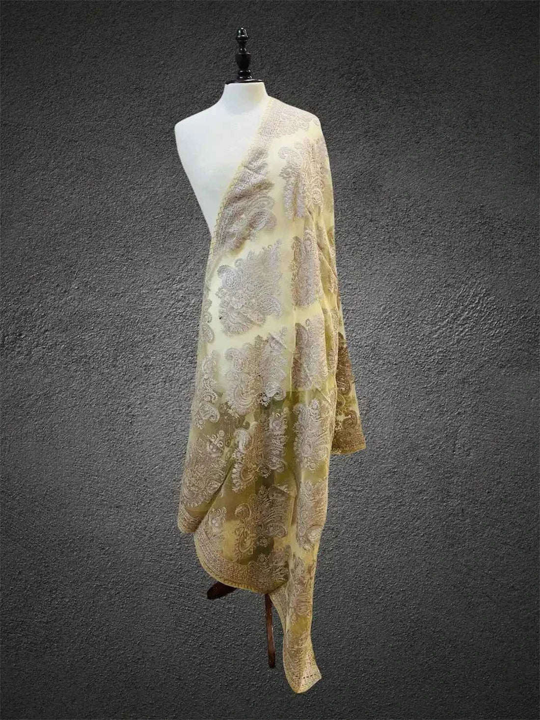 Royal Sunlit Lemon & Champagne Ivory Aari Embroidered Organza Dupatta