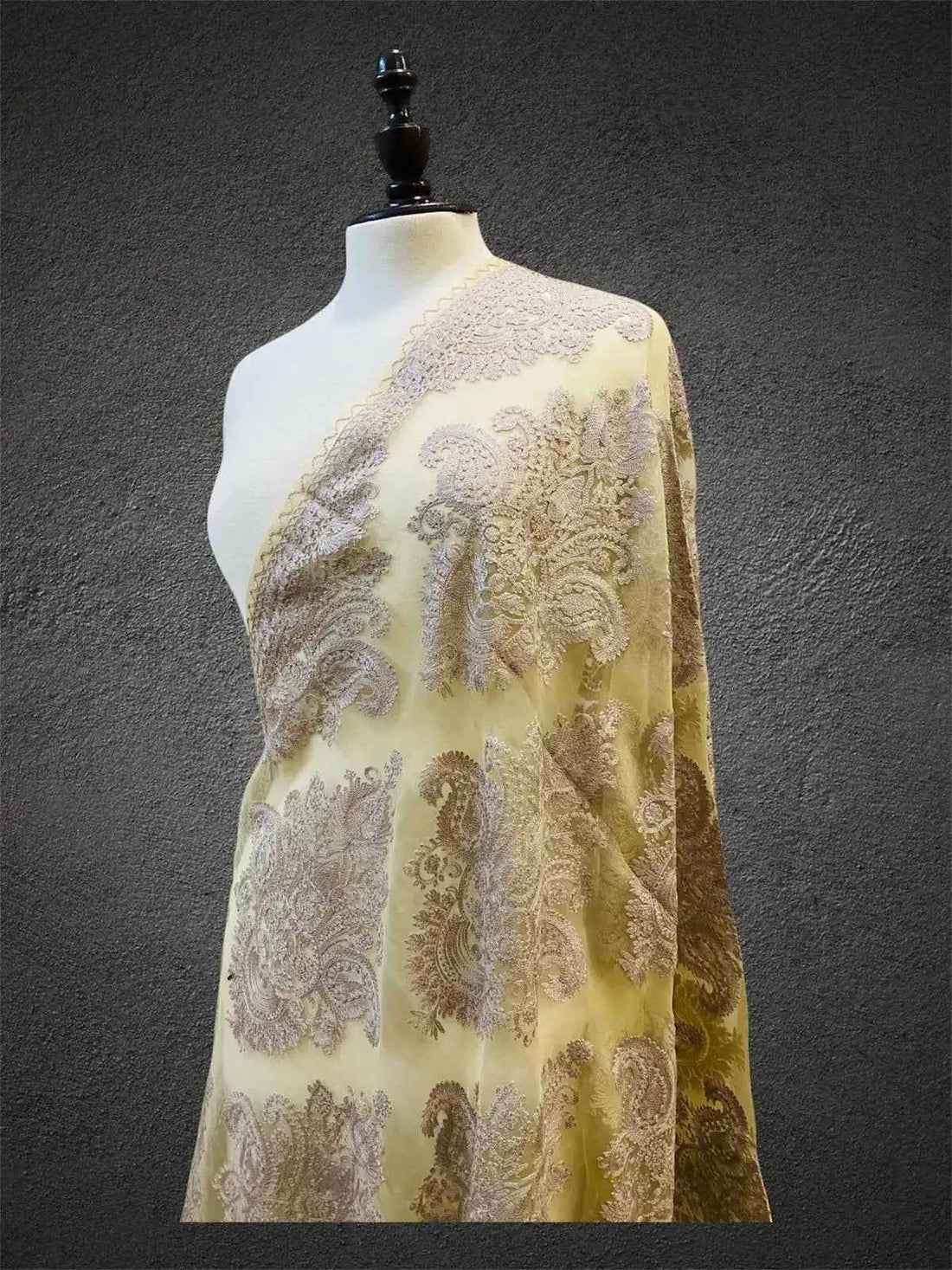 Royal Sunlit Lemon & Champagne Ivory Aari Embroidered Organza Dupatta