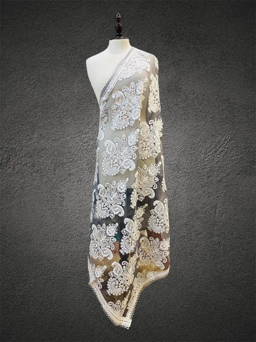Royal Pristine Ivory-on-Ivory Aari Embroidered Organza Dupatta