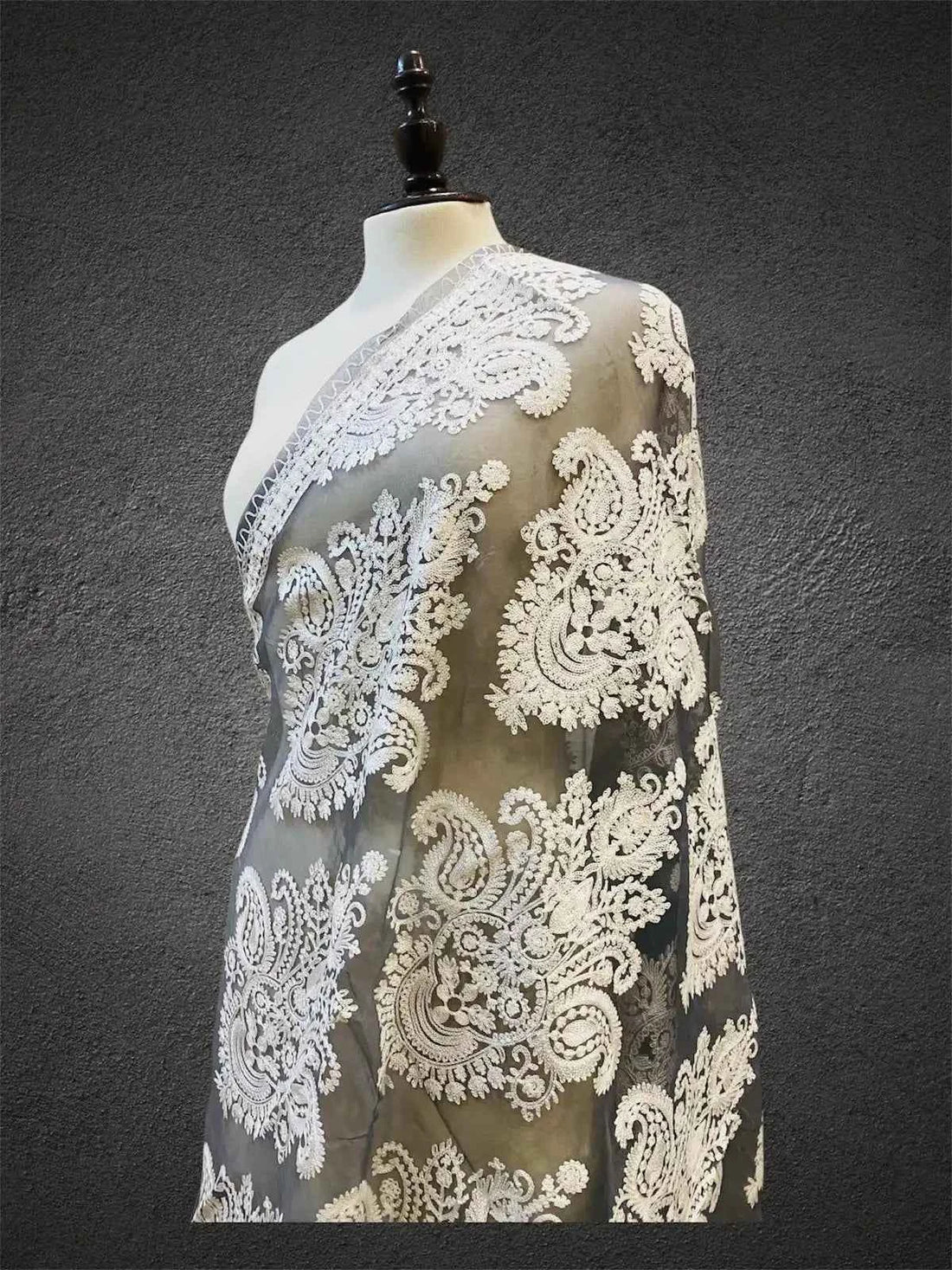 Royal Pristine Ivory-on-Ivory Aari Embroidered Organza Dupatta