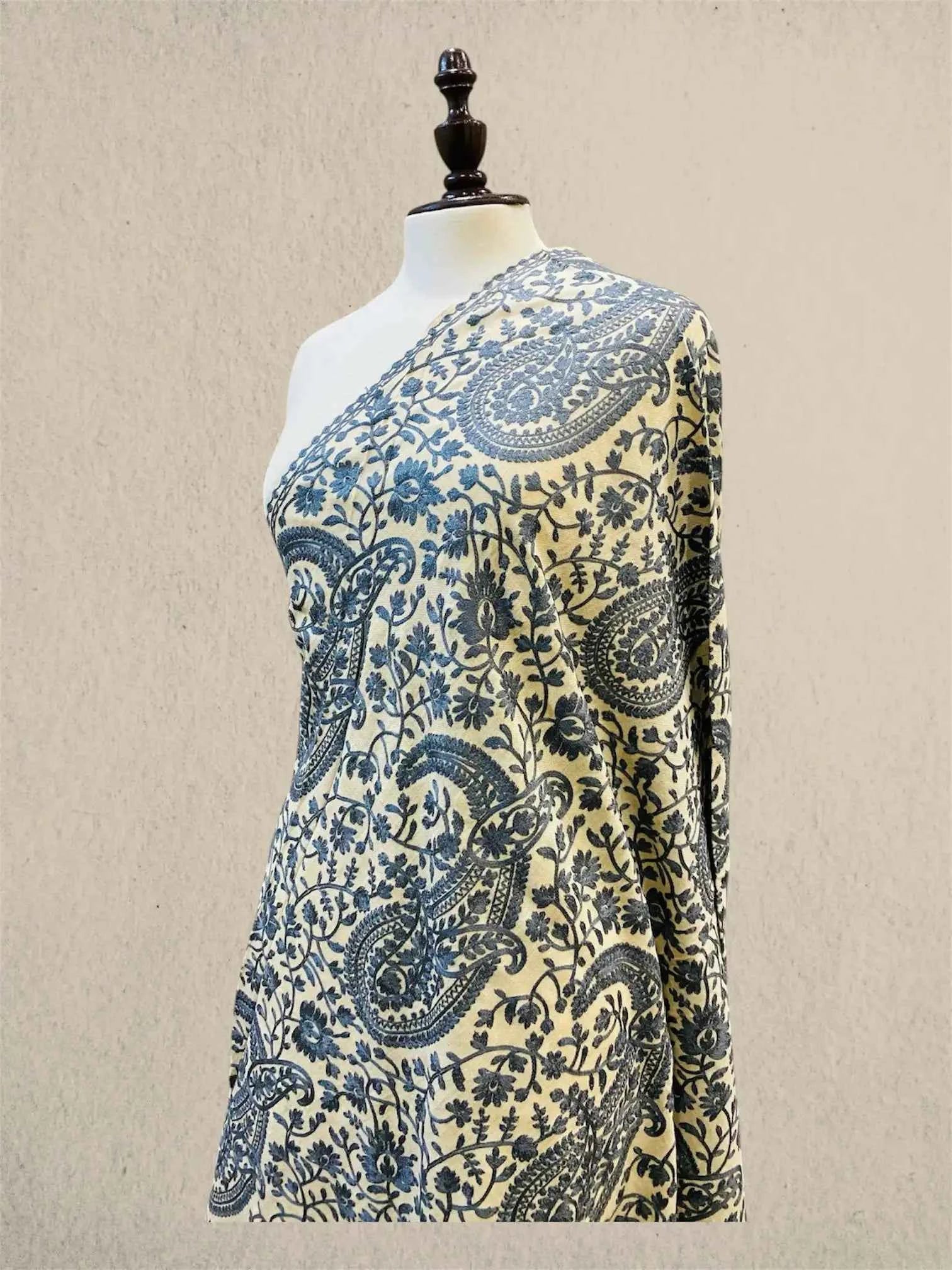 Luxury Slate Blue & Skin Pashmina Shawl with Kashmiri Aari Embroidery