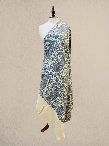 Luxury Slate Blue & Skin Pashmina Shawl with Kashmiri Aari Embroidery