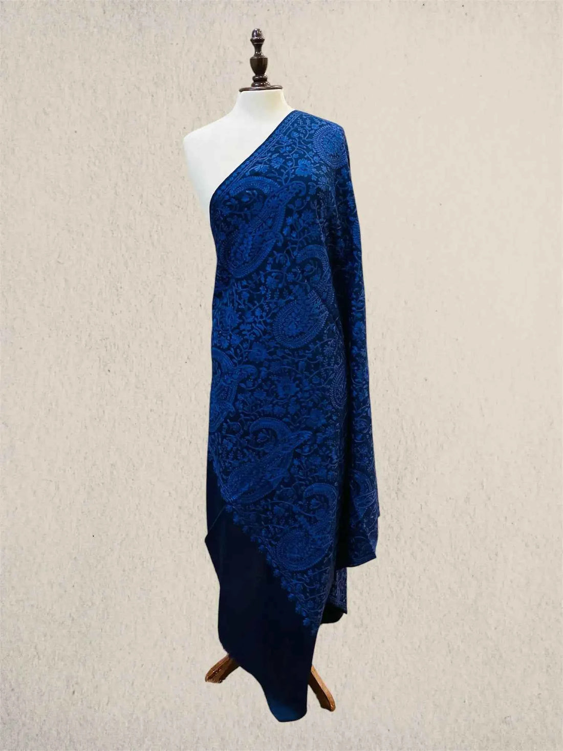 Luxury Royal Midnight Blue-on-Blue Pashmina Shawl with Kashmiri Aari Embroidery