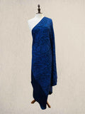 Luxury Royal Midnight Blue-on-Blue Pashmina Shawl with Kashmiri Aari Embroidery