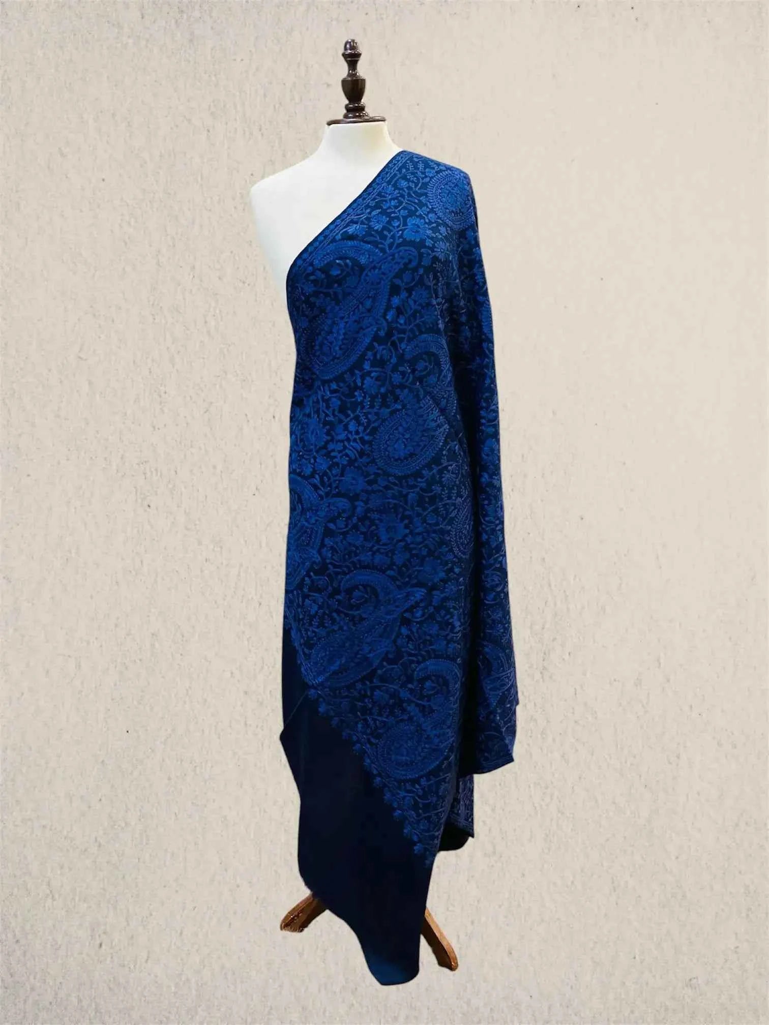 Luxury Royal Midnight Blue-on-Blue Pashmina Shawl with Kashmiri Aari Embroidery