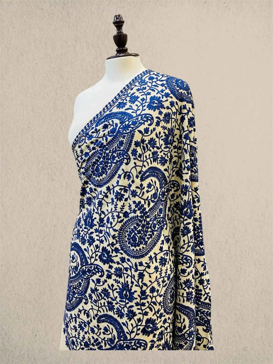 Luxury Royal Cobalt & White Pashmina Shawl with Kashmiri Aari Embroidery