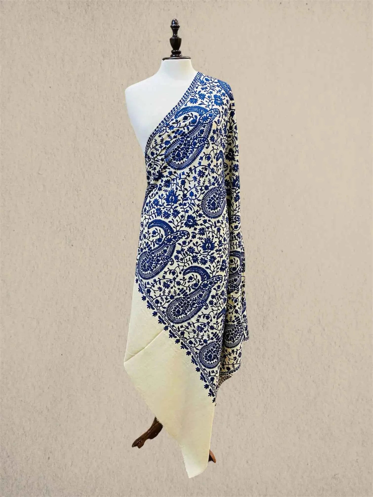 Luxury Royal Cobalt & White Pashmina Shawl with Kashmiri Aari Embroidery