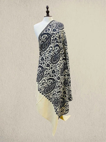 Luxury Midnight Black & Cream Pashmina Shawl with Kashmiri Aari Embroidery