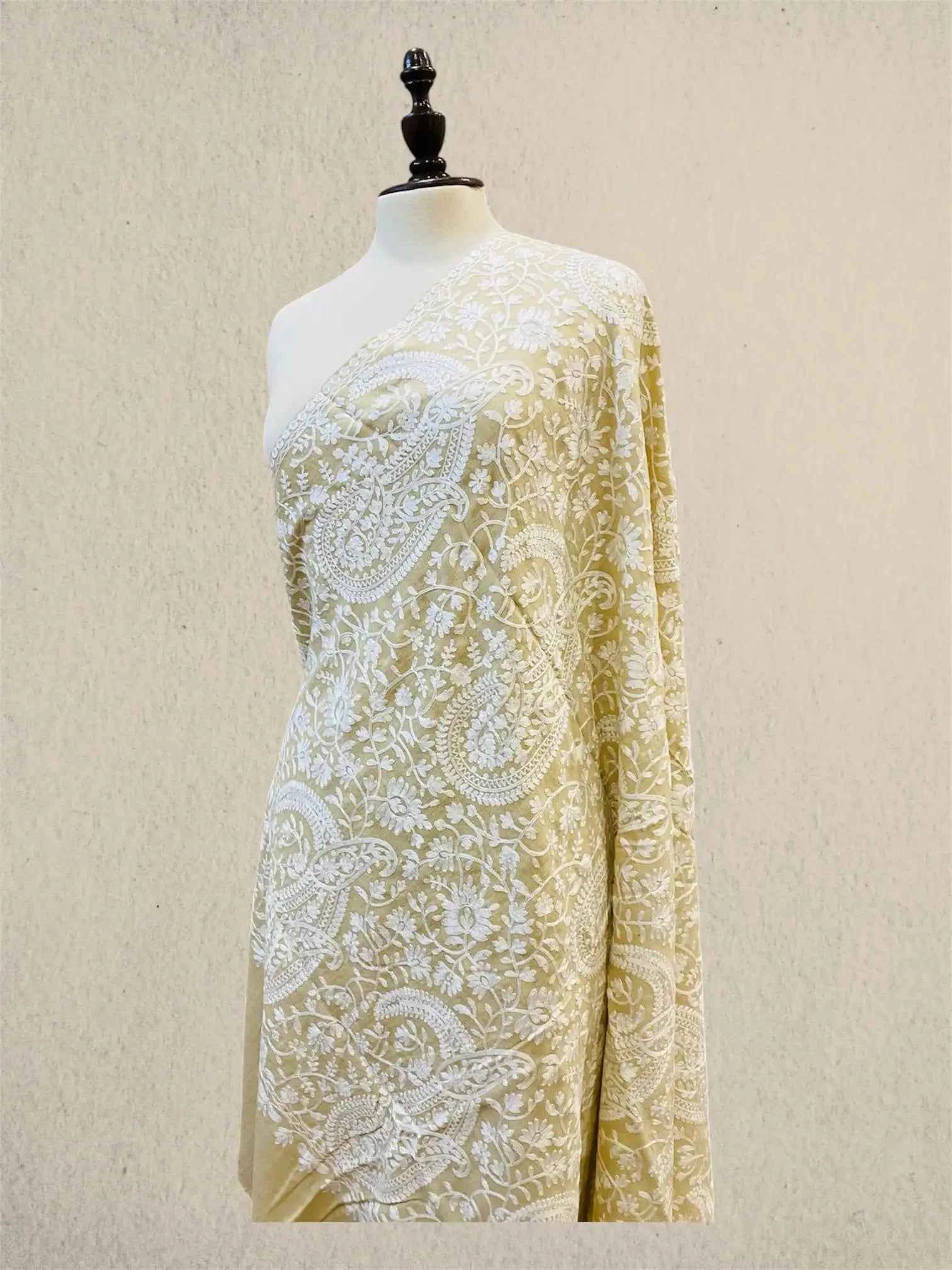 Luxury White & Skin Pashmina Shawl with Kashmiri Aari Embroidery