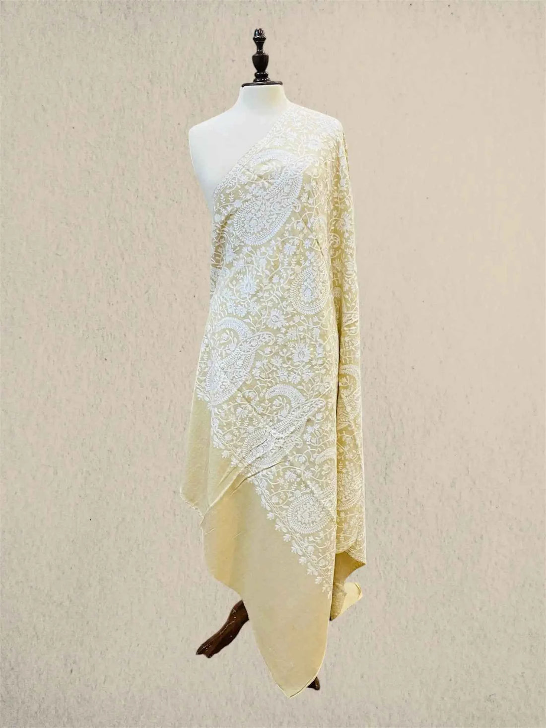 Luxury White & Skin Pashmina Shawl with Kashmiri Aari Embroidery