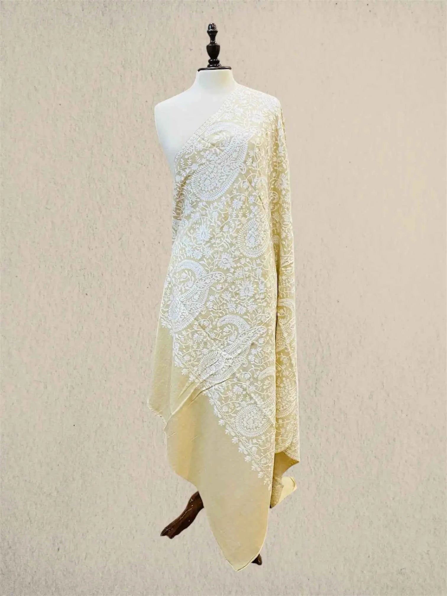 Luxury White & Skin Pashmina Shawl with Kashmiri Aari Embroidery
