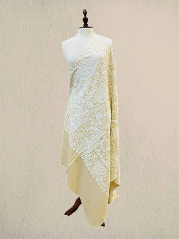 Luxury White & Skin Pashmina Shawl with Kashmiri Aari Embroidery