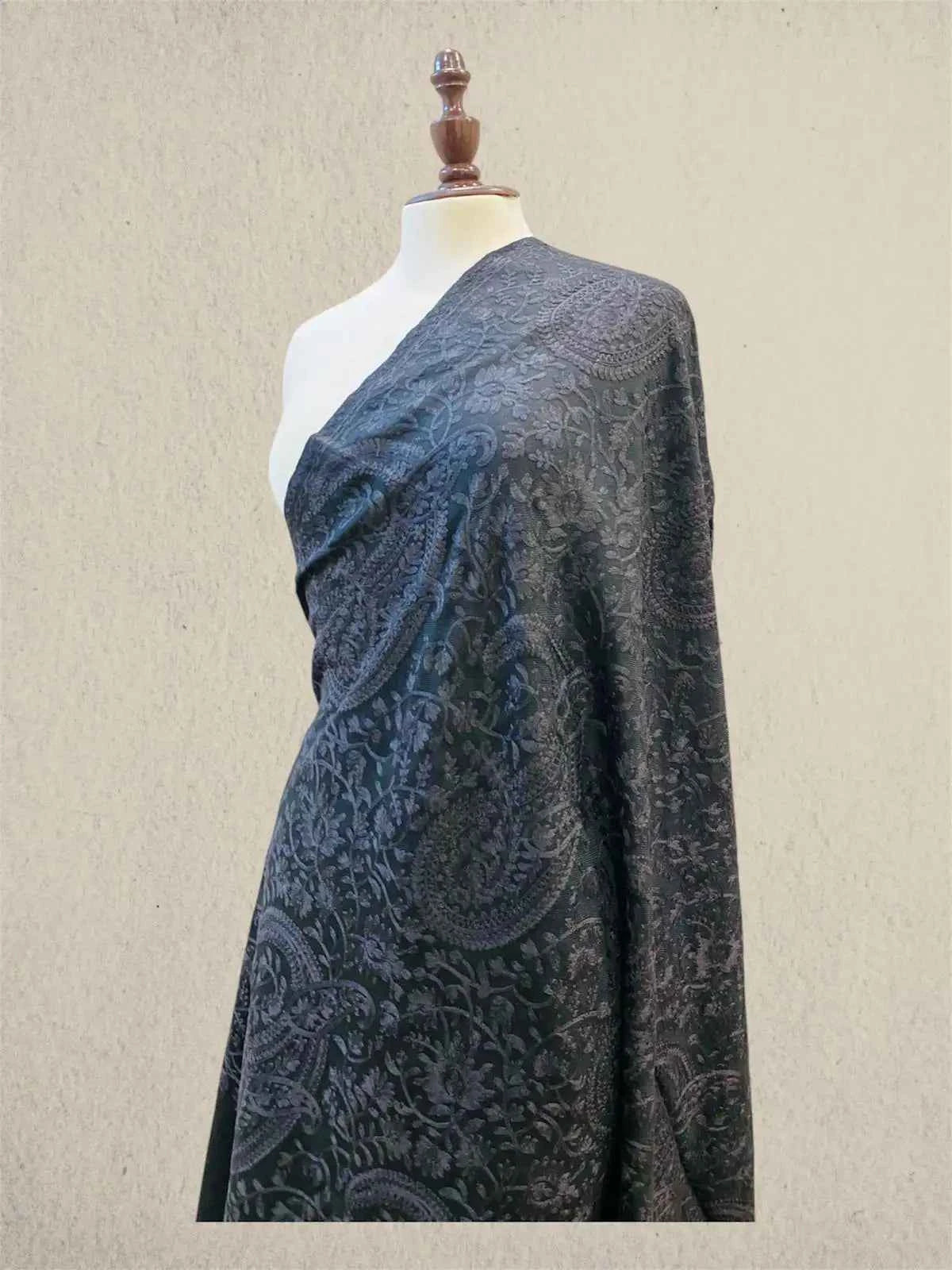 Luxury Black on Black Pashmina Shawl with Machine Aari Embroidery