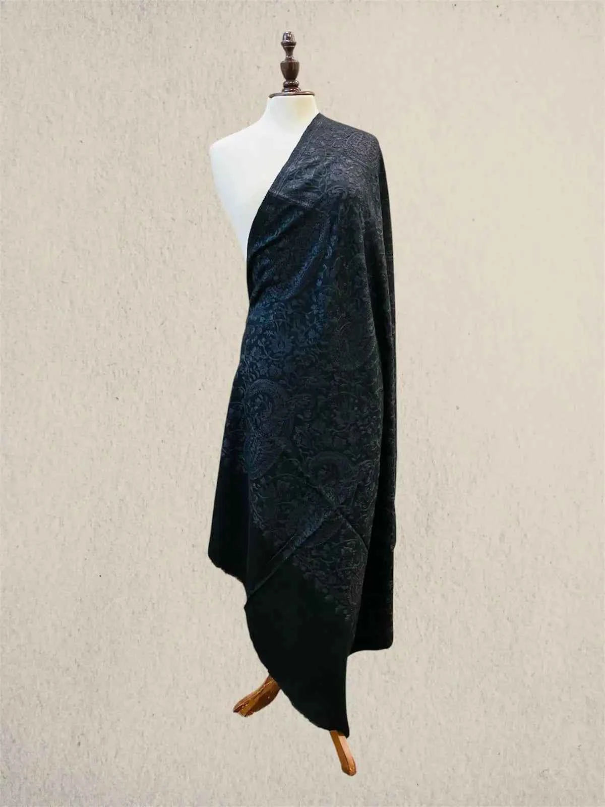 Luxury Black on Black Pashmina Shawl with Machine Aari Embroidery