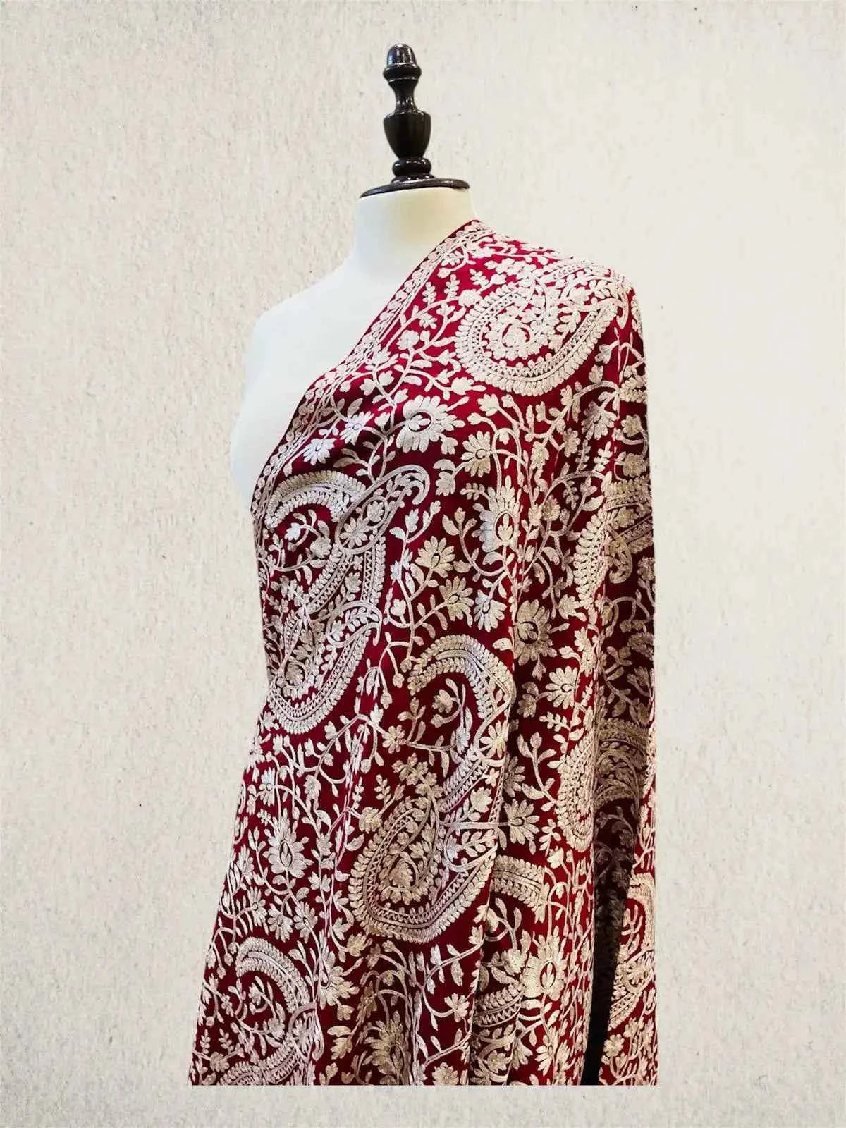 Luxury Mahroon & Beige Pashmina Shawl Machine Aari Embriodery