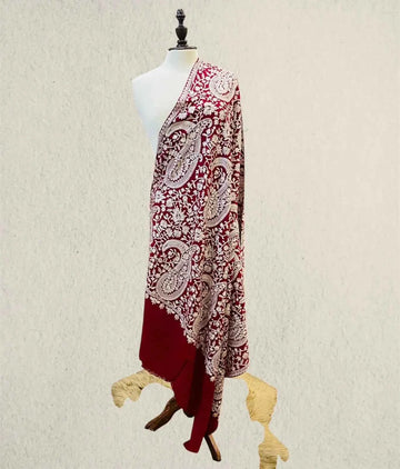 Luxury Mahroon & Beige Pashmina Shawl Machine Aari Embriodery