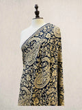 Luxury Navy Blue & Beige Thread Pashmina Shawl with Machine Aari Embroidery