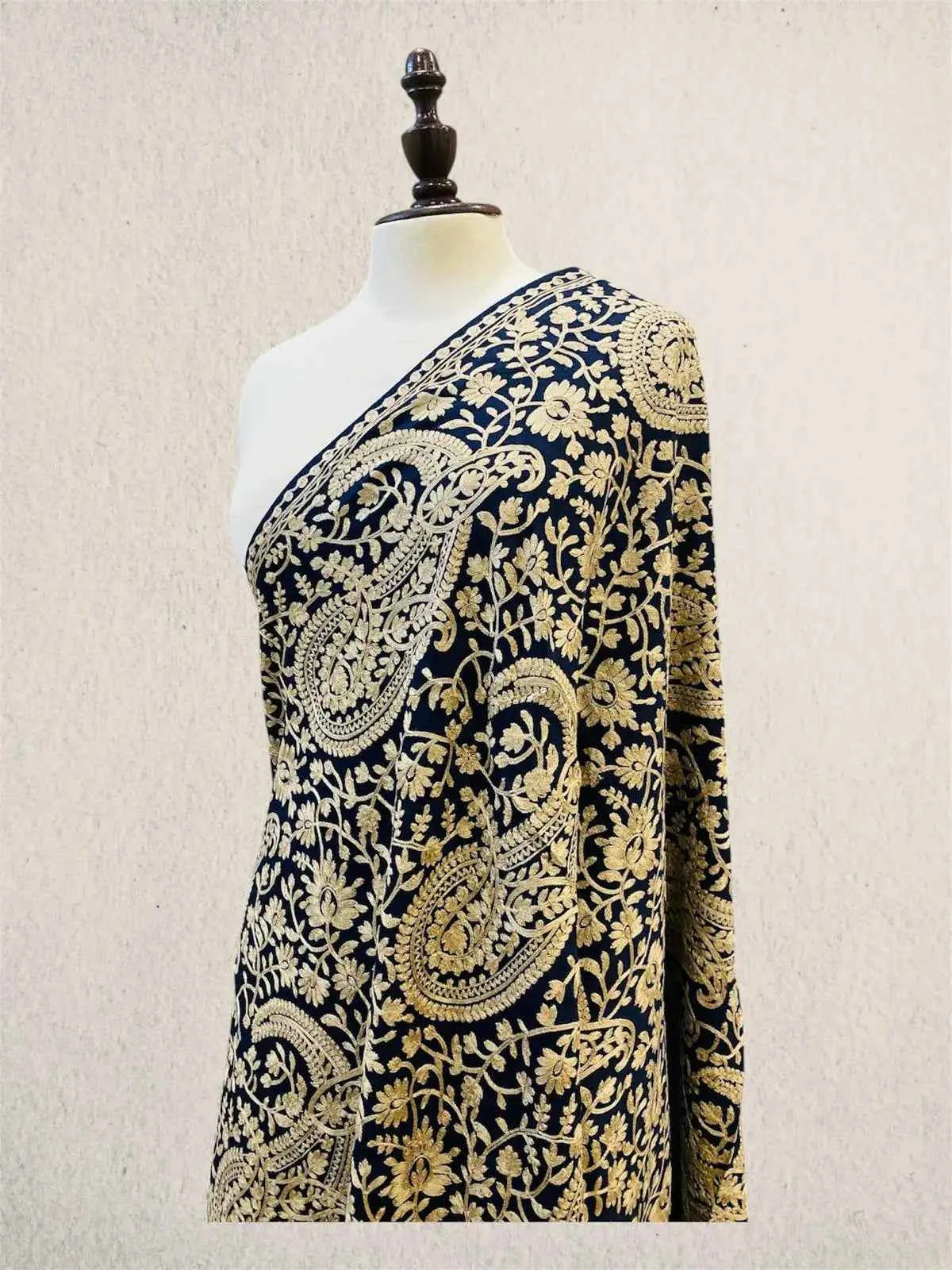 Luxury Navy Blue & Beige Thread Pashmina Shawl with Machine Aari Embroidery