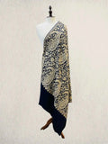 Luxury Navy Blue & Beige Thread Pashmina Shawl with Machine Aari Embroidery