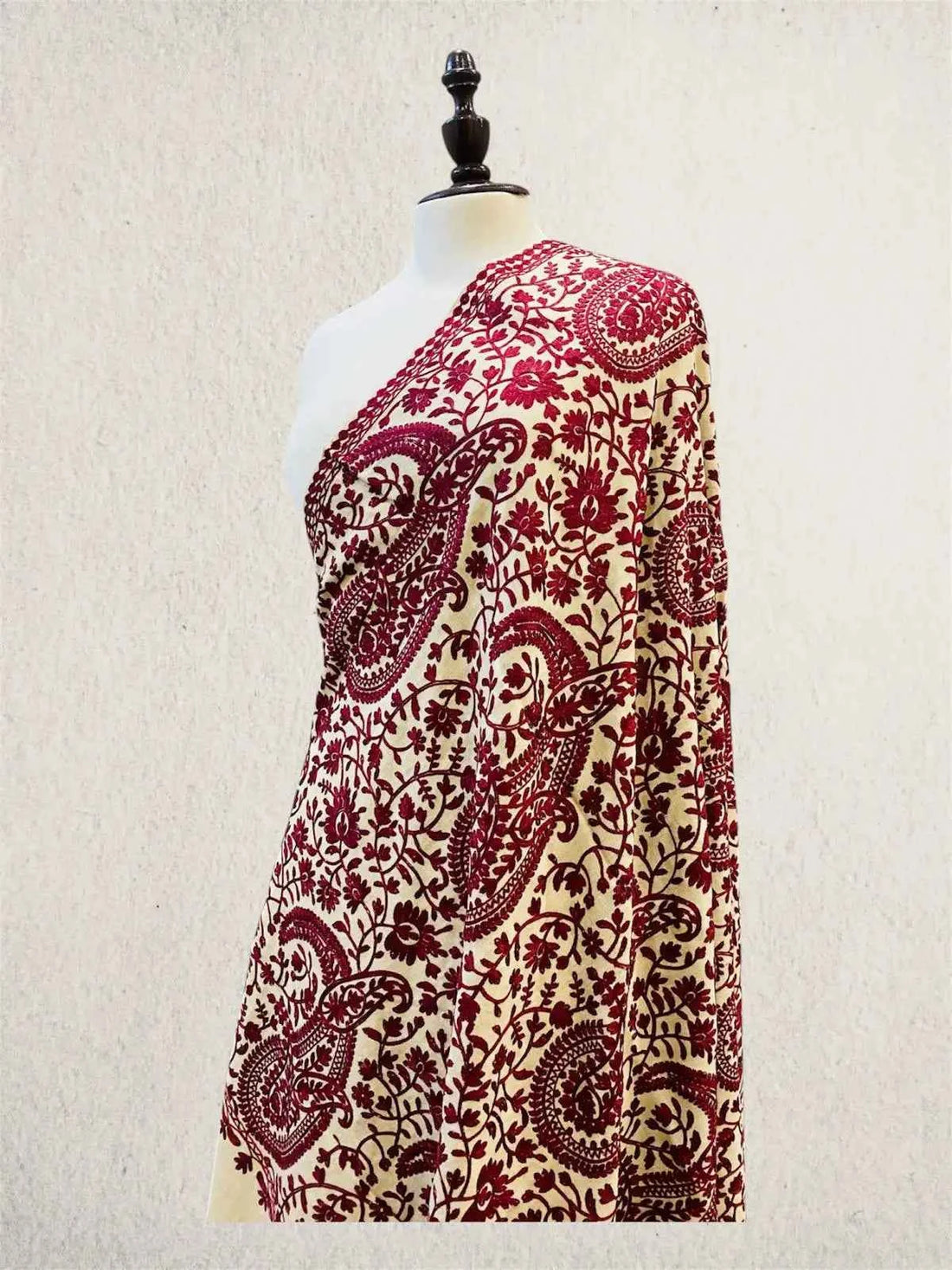 Luxury Maroon & Skin Tone Pashmina Shawl Machine Aari Embroidered