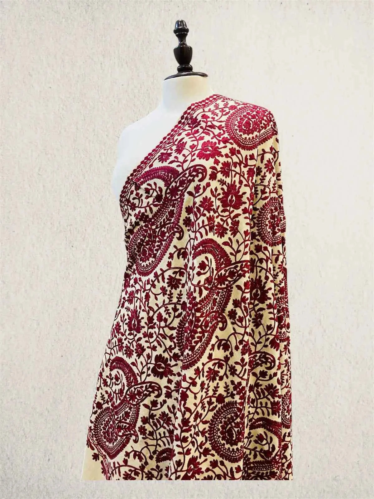 Luxury Maroon & Skin Tone Pashmina Shawl Machine Aari Embroidered