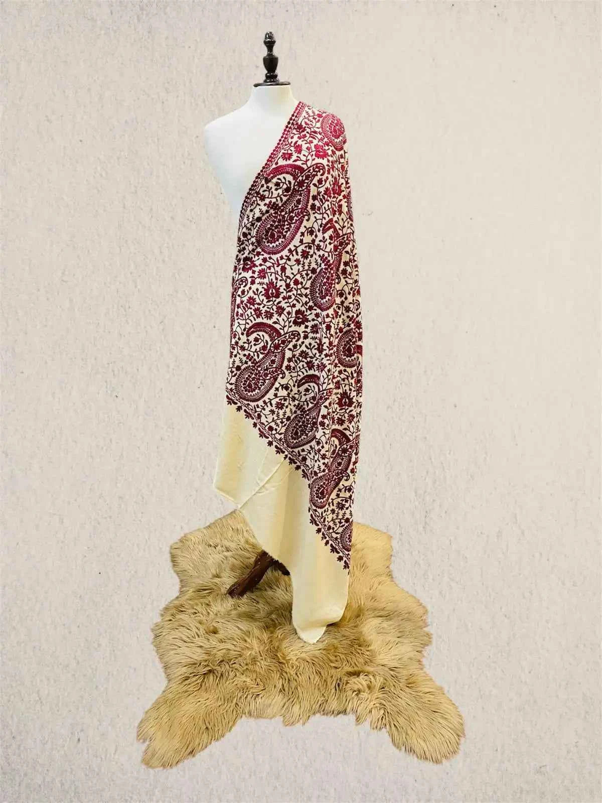 Luxury Maroon & Skin Tone Pashmina Shawl Machine Aari Embroidered