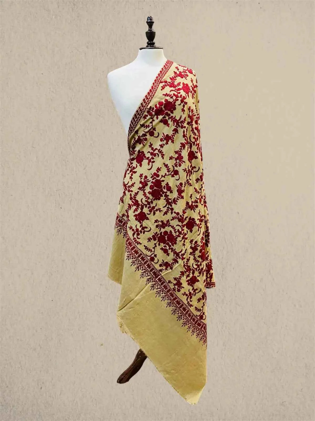Luxury Crimson Mahroon & Skin Pashmina Shawl with Kashmiri Aari Flower Embroidery