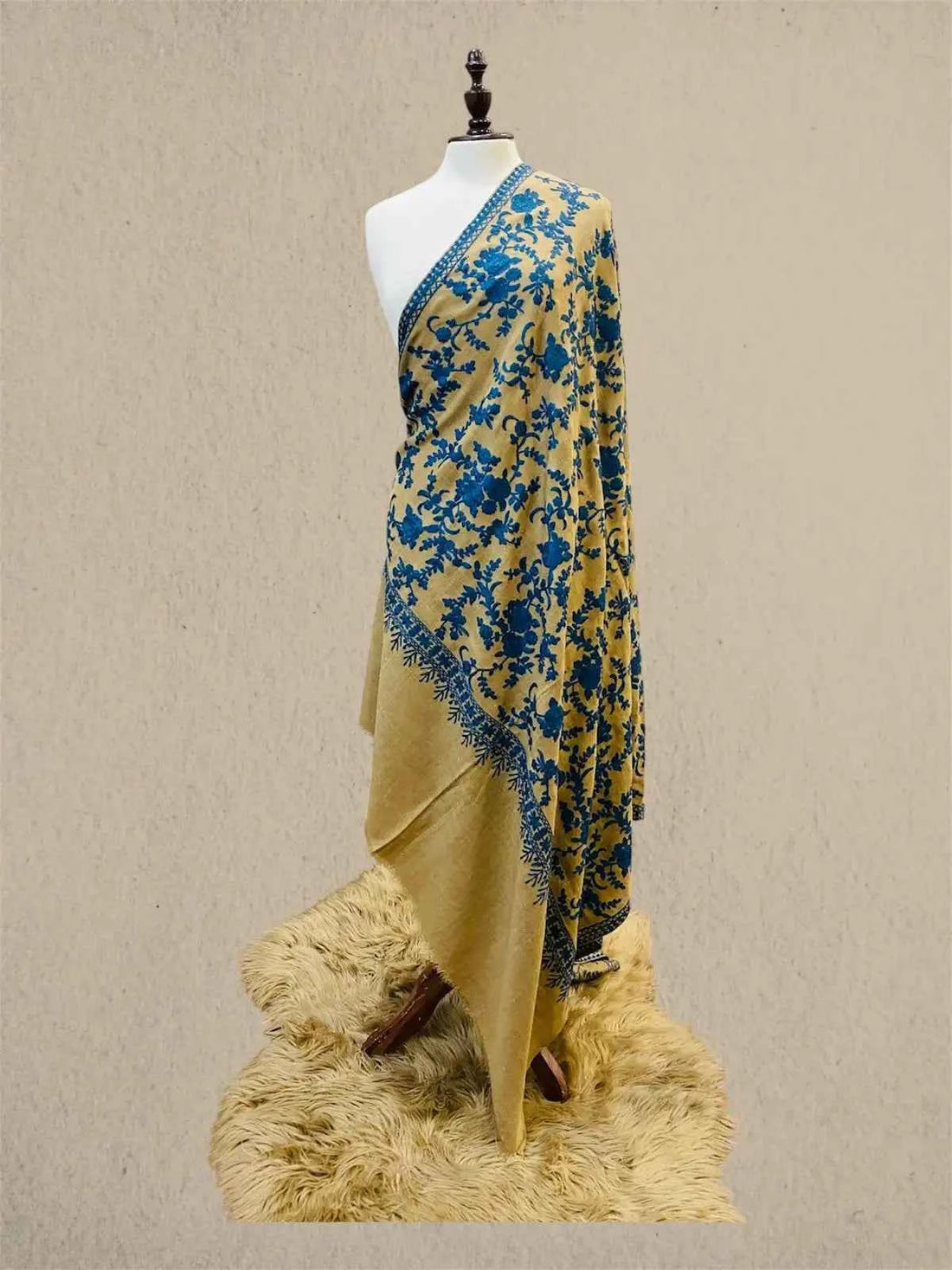 Luxury Royal Blue & Skin Pashmina Shawl with Kashmiri Aari Flower Embroidery
