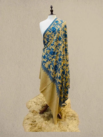 Luxury Royal Blue & Skin Pashmina Shawl with Kashmiri Aari Flower Embroidery