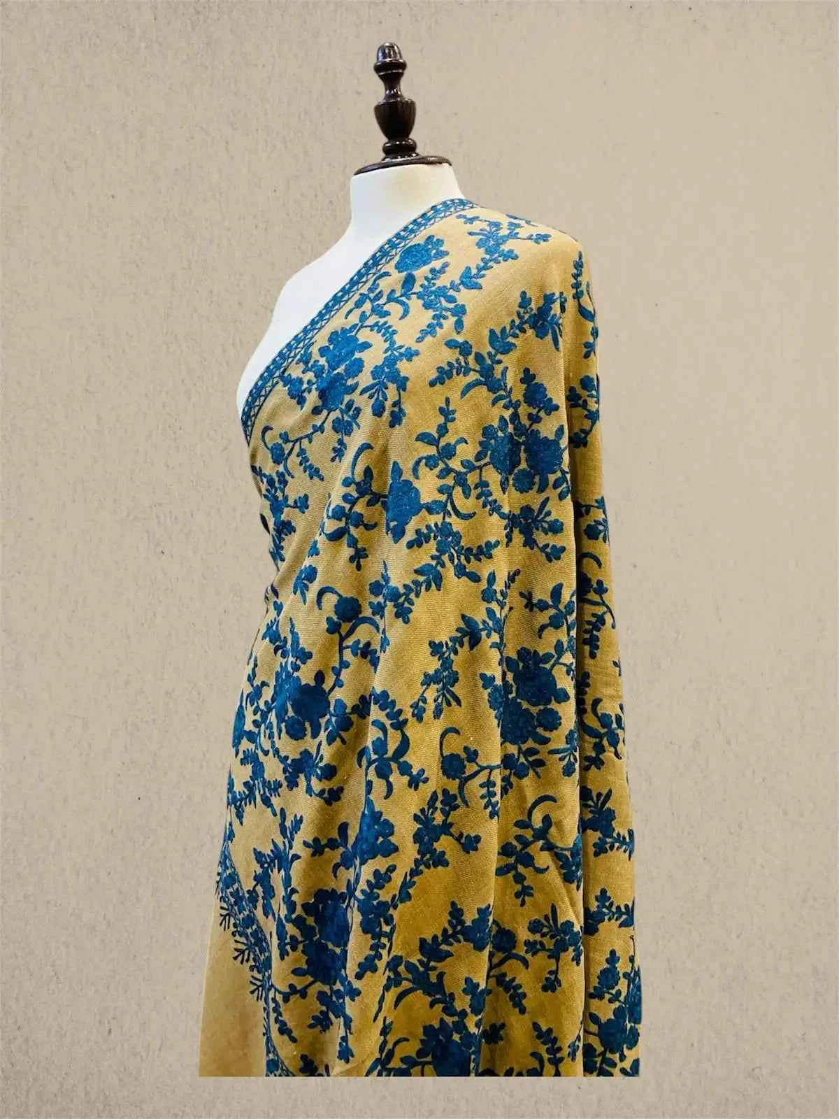Luxury Royal Blue & Skin Pashmina Shawl with Kashmiri Aari Flower Embroidery