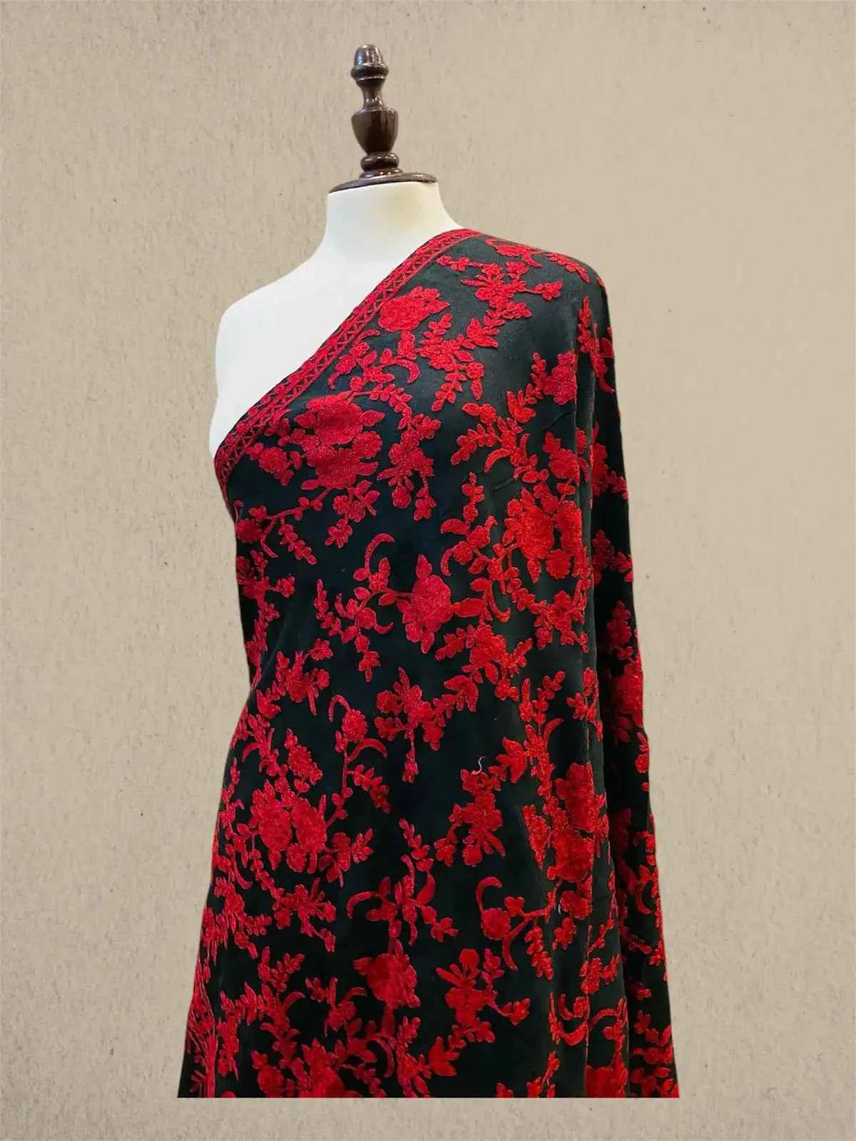Luxury Black and Red Pashmina Shawl with Kashmiri Aari Flower Embroidery