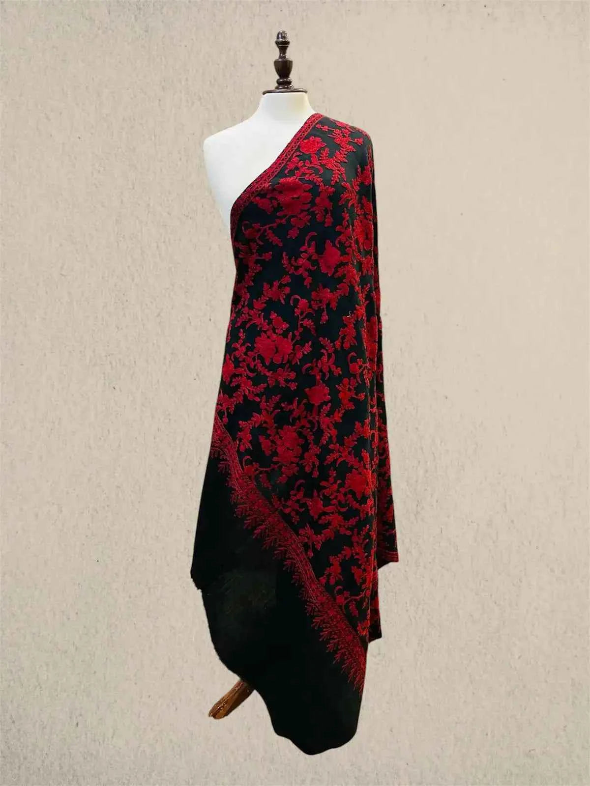 Luxury Black and Red Pashmina Shawl with Kashmiri Aari Flower Embroidery