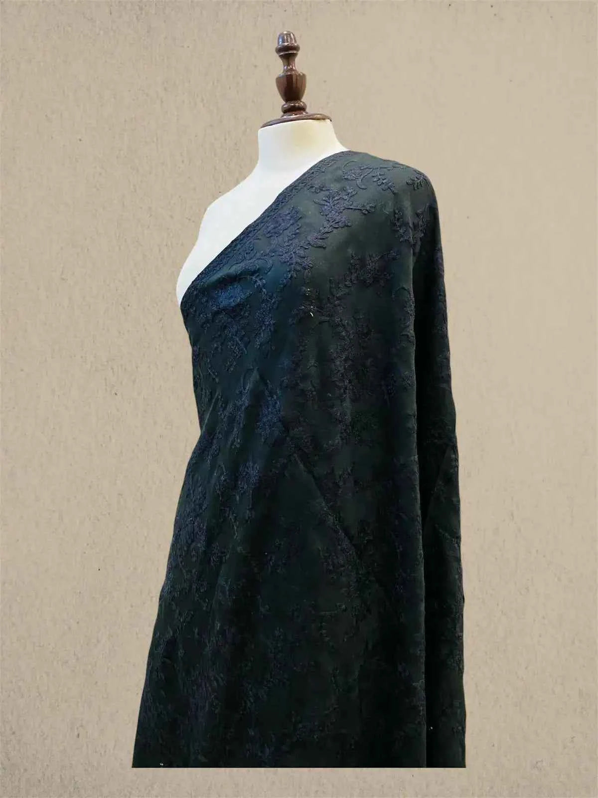 Luxury Black on Black Pashmina Shawl with Kashmiri Aari Flower Embroidery