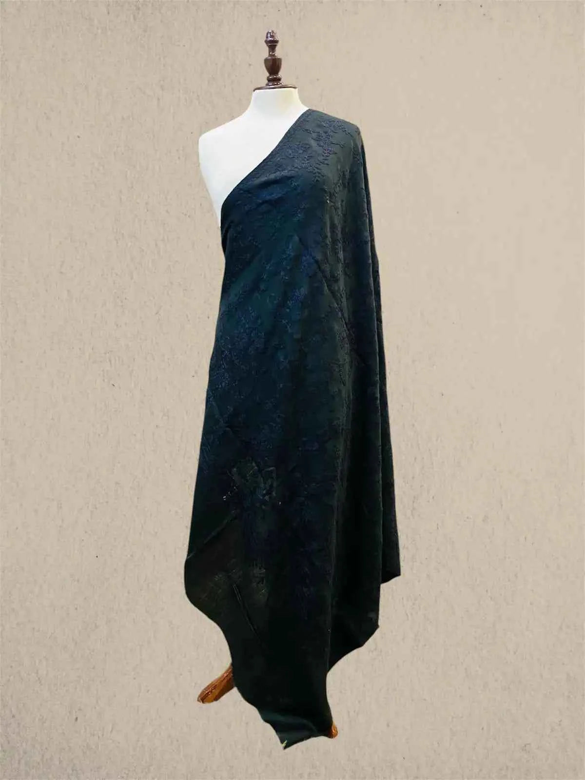 Luxury Black on Black Pashmina Shawl with Kashmiri Aari Flower Embroidery