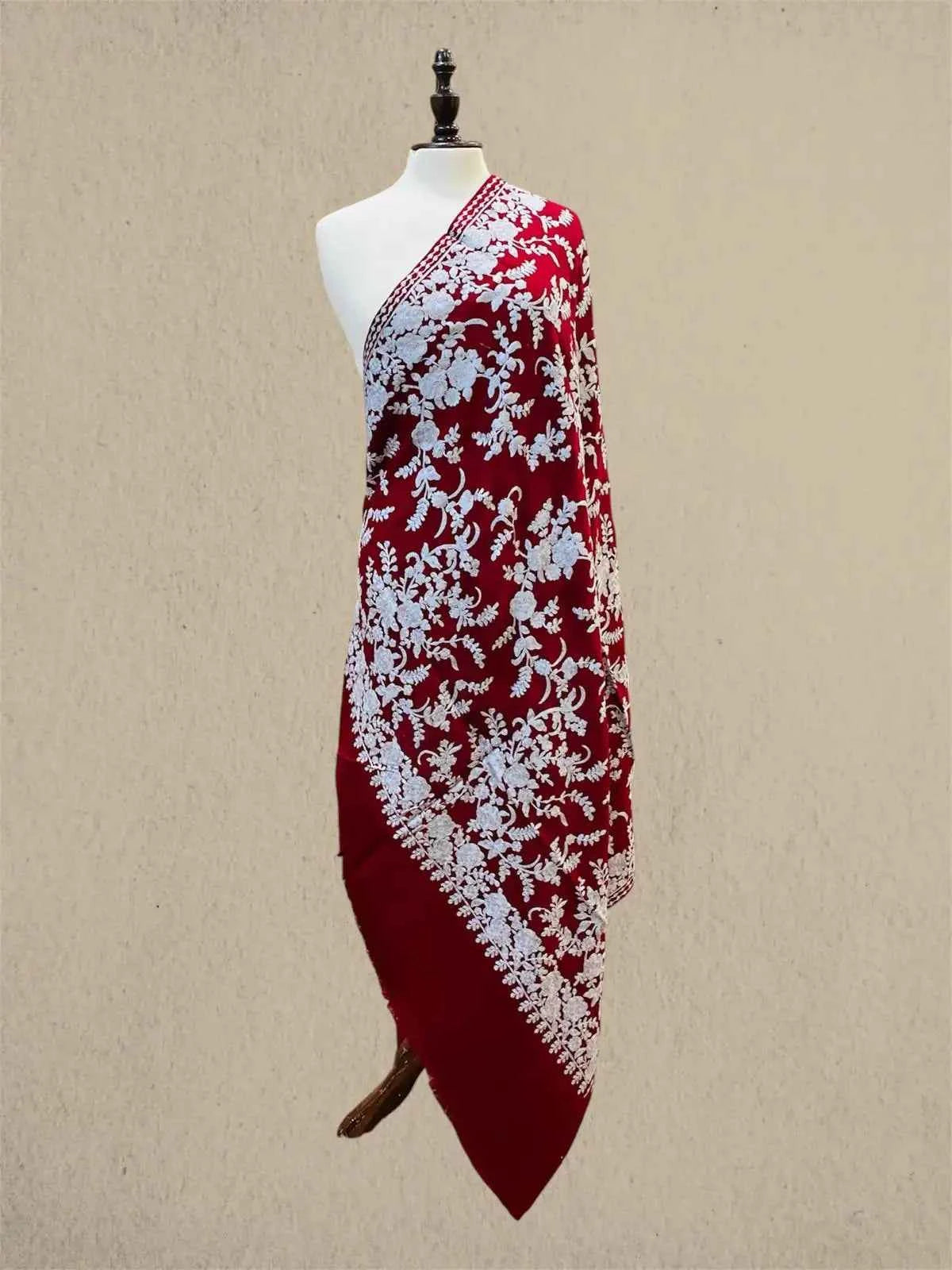 Luxury Wine on Grey Pashmina Shawl with Kashmiri Aari Flower Embroidery