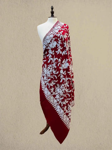 Luxury Wine on Grey Pashmina Shawl with Kashmiri Aari Flower Embroidery
