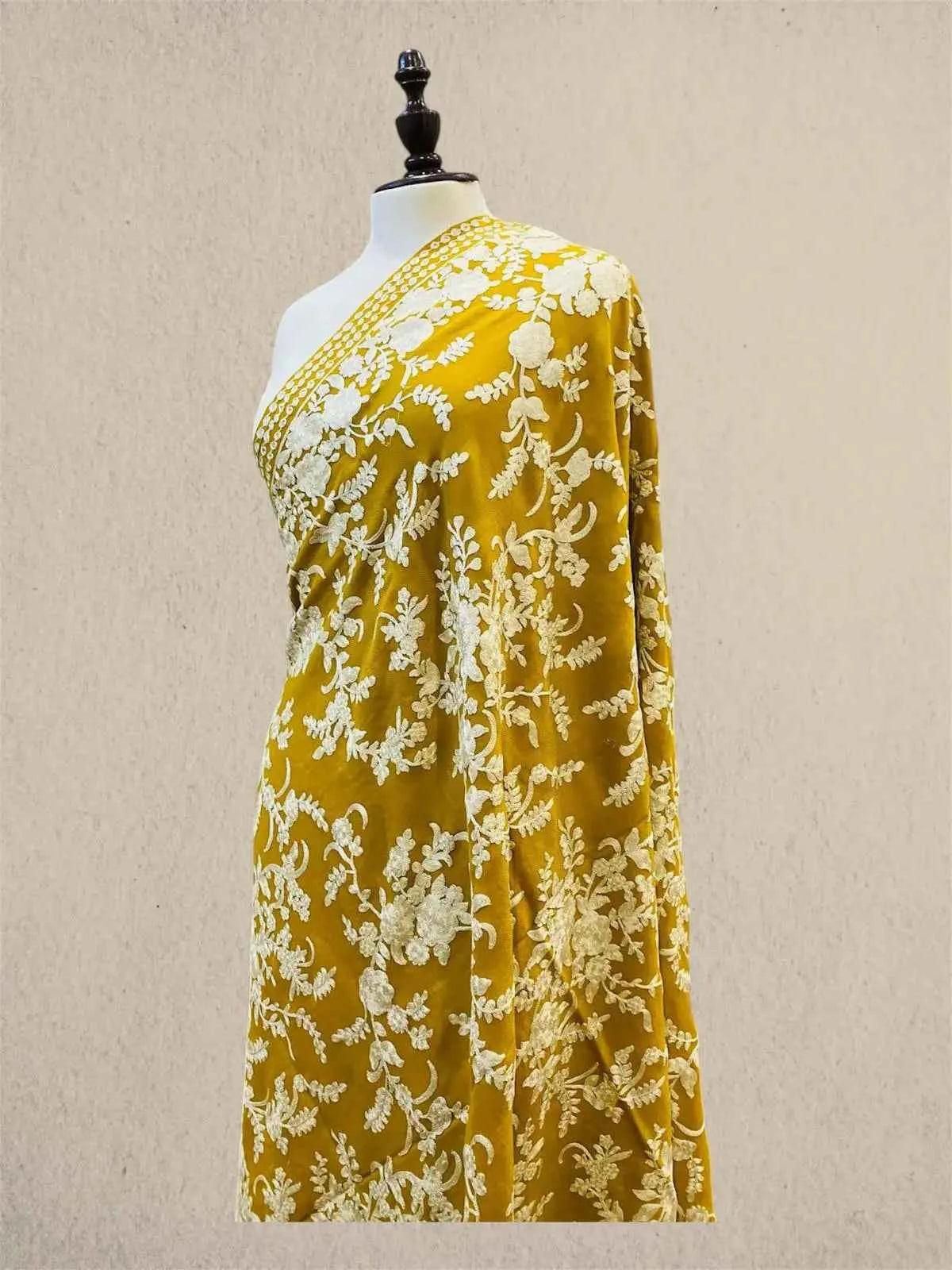 Luxury Mustard on White Pashmina Shawl with Kashmiri Aari Flower Embroidery