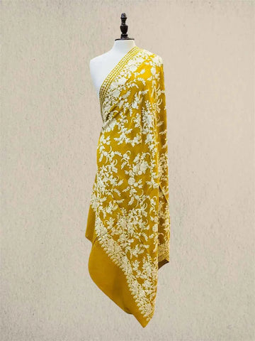 Luxury Mustard on White Pashmina Shawl with Kashmiri Aari Flower Embroidery