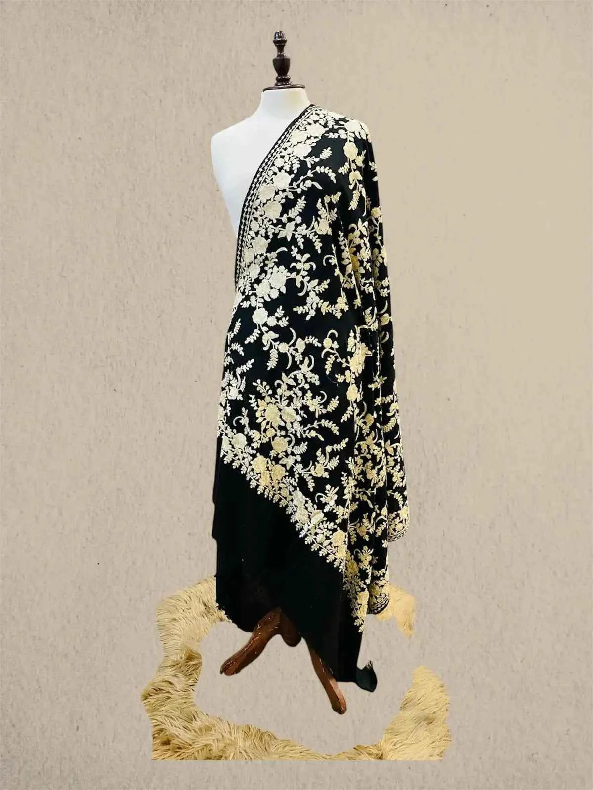 Luxury Black on Beige Pashmina Shawl with Kashmiri Aari Flower Embroidery