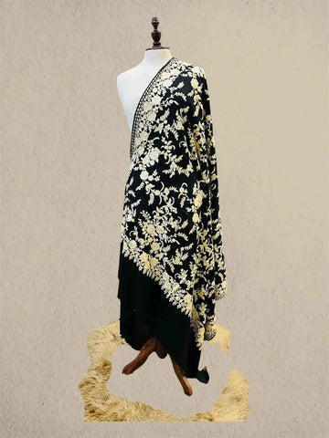 Luxury Black on Beige Pashmina Shawl with Kashmiri Aari Flower Embroidery
